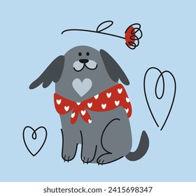 Perro lindo para San Valentín. Un cachorro pequeño con una elegante bufanda con corazones da flores y expresa amor. Mascota romántica con estilo doodle. Dibujo vectorial plano de dibujos animados aislado en fondo azul