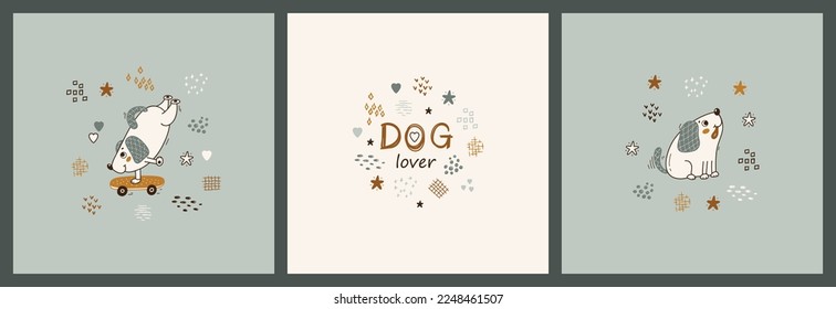 Cute Dog Vector Set. 3 Posters for kids with Little Puppies. Baby Funny Animal. Great for Nursery, Baby Shower, T-shirt Print Design etc.