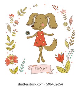 Cute dog with vintage frame for your design in doodle style. Cartoon illustration for wedding invitations and romantic cards, birthday and other holiday.