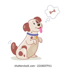 Cute dog waiting food. Charming puppy stood on hind legs and asks for bone. Active character asks to play with him, toy. graphic element for printing on fabric. Cartoon flat vector illustration