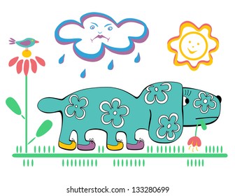 Cute dog walking in all weather conditions