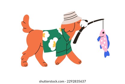 Cute dog walking, carrying with fishing rod, angler. Funny doggy in panama, summer clothes, puppy, canine fisher with fish. Childish kids flat graphic vector illustration isolated on white background