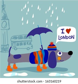 A cute dog walking in London with an umbrella