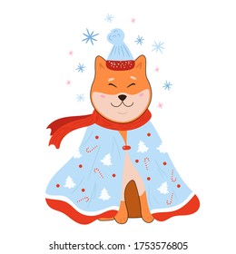 Cute dog in warm winter coat with hat and scarf. Shiba inu breed with snowflakes. Smiling puppy icon. Isolated on white background. Vector illustration for poster, sticker, card.