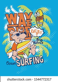 Cute Dog wave rider surfing team funny surfer vector print for summer children wear and t shirt