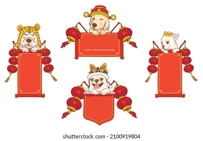 cute dog wear costume hold blank red spring couplets with red lantern to celebrate Chinese New Year