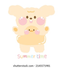 Cute dog wear swimming ring on white background.Summer time.Pastel concept.Kawaii.Vector.Illustration.