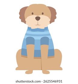 Cute dog wearing a blue and white striped shirt is sitting down
