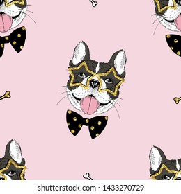 Cute dog wearing bow tie hand drawn vector seamless pattern. Trendy art pastel texture. Bulldog on bright pink background. Girlish, fashion wrapping paper, wallpaper modern textile design