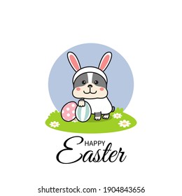 Cute dog wearing a bunny costume for Easter day. Happy Easter celebration. Flat style cartoon vector isolated on white.