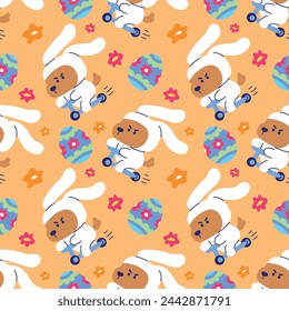 CUTE DOG WEARING BUNNY COSTUME WITH EASTER EGG SEAMLESS PATTERN