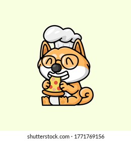 
CUTE DOG WEARING CHEF HAT AND EYEGLASSES EATING PIZZA