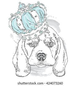 Cute dog wearing a crown . Vector illustration. Design element for printed products or prints on clothes and accessories .