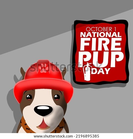 Cute dog wearing firefighter hat and  a blackboard with bold text and fire extinguisher icon on the wall to celebrate National Fire Pup Day on October 1