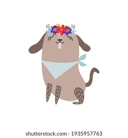 Cute dog wearing flower crown and bandana bib sitting