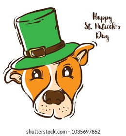 Cute dog wearing green Irish hat with a buckle. Handdrawn vector illustration for Happy St. Patrick's Day. Print for holiday in Ireland. Greeting card. Doodle. Line art illustration. Pet care concept