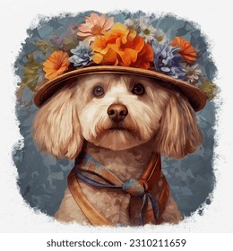 Cute dog wearing a hat full of flowers