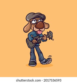 cute dog wearing hat and playing guitar, vector illustration