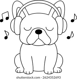 A cute dog wearing headphones enjoys music with relaxed expression