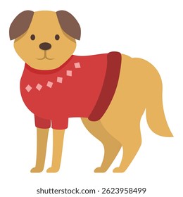 Cute dog wearing a red christmas sweater is standing and waiting for christmas