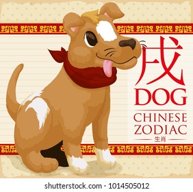 Cute dog wearing a red kerchief and sticking its tongue out like part of the Chinese Zodiac (symbols written in Chinese calligraphy).