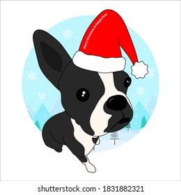 A cute dog wearing a red Santa Corse hat. Christmas and New Year Greeting Cards. vector, illustration