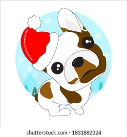 A cute dog wearing a red Santa Corse hat. Christmas and New Year Greeting Cards. vector, illustration