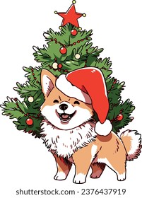 Cute Dog wearing Santa hat and Christmas tree