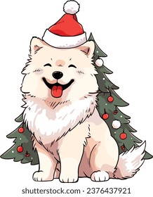 Cute Dog wearing Santa hat and Christmas tree