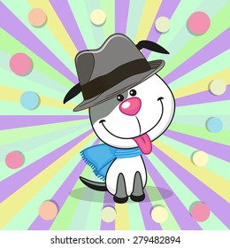 Cute Dog wearing a scarf and hat on a colored background 