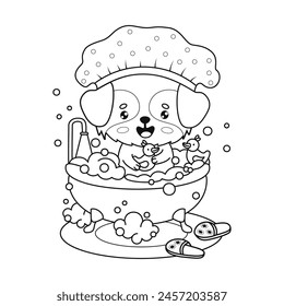 Cute dog wearing shower cap bathes in bath with foam and rubber duck toys. Outline cartoon animal character. Line drawing, coloring book. Vector illustration. Kids collection.