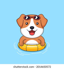 Cute dog wearing sunglasses and floating tire on swimming pool animal mascot cartoon vector illustration