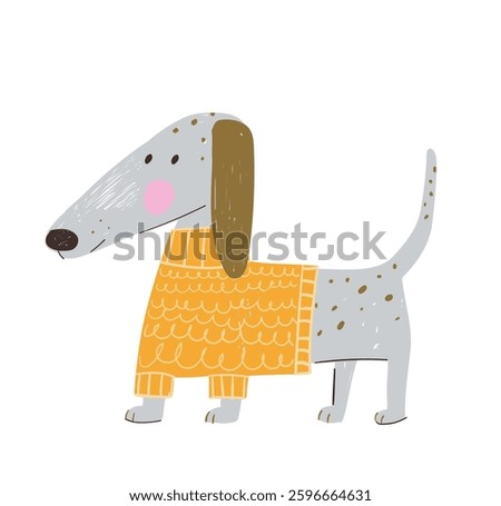 Cute dog wearing sweater modern print design. Hand drawn illustration in pencil scribble style. Animal nursery art, modern print for t-shirt. Artistic hand drawn dog vector decorative design.