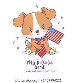 Lindo perro usando corbata y sosteniendo la bandera americana. Tarjeta del 4 de julio del Día de la Independencia Americana. Caricatura festiva kawaii personaje animal patriótico con divertido eslogan felicitaciones. Ilustración vectorial.