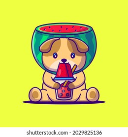 Cute Dog wearing Watermelon Costume Cartoon Illustration. Animal Flat cartoon Style Concept