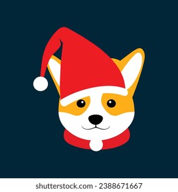 Cute dog wears a Christmas hat in flat vector style