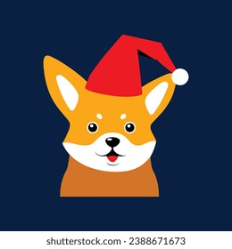 Cute dog wears a Christmas hat in flat vector style