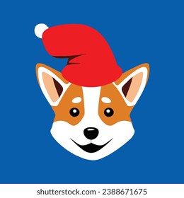 Cute dog wears a Christmas hat in flat vector style