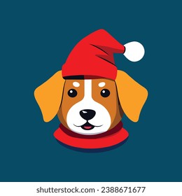 Cute dog wears a Christmas hat in flat vector style