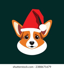 Cute dog wears a Christmas hat in flat vector style