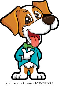 Cute dog wears tuxedo with bowtie. Pet hotel vector illustration mascot. - vector
