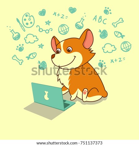 Cute dog of welsh corgi learning with laptop. Vector illustration. For cards, calendars, posters.