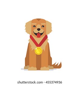 
Cute dog winner champion. Golden retriever wearing gold medal. Vector illustration isolated on white background.