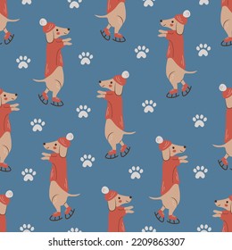 Cute dog in winter clothes seamless pattern. Funny dachshund in hat and sweater on ice skates. Pets seamless background with paw print. Repeat vector illustration for pet products, shop, textile
