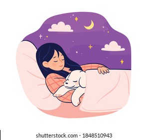 The cute dog and the woman sleep together in bed. Daily life with companion animals, concept illustration for a good night's sleep.