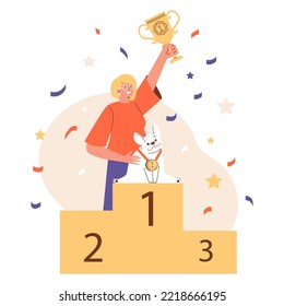 Cute dog won first place at dog show, woman holds golden trophy - flat vector illustration isolated on white. Funny pet sits on winner pedestal or podium. Owner celebrates dog winning the exhibition.