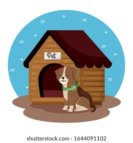 cute dog with wooden house vector illustration design