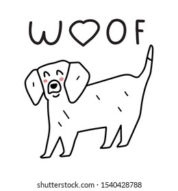 Cute dog and word - woof. Hand drawn funny vector illustration for greeting card, t shirt, sticker, poster design on white background.