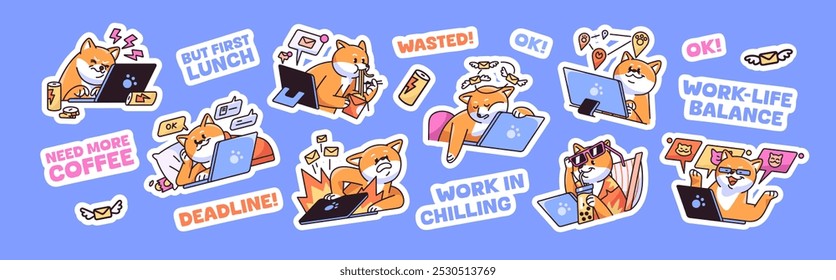 Cute dog works in office stickers set with comic phrases. Employee Akita puppy with laptop, computer. Funny worker Shiba inu eating, sleeps, relaxes at workplace. Flat isolated vector illustrations