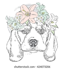 Cute dog in a wreath of roses . Vector illustration.